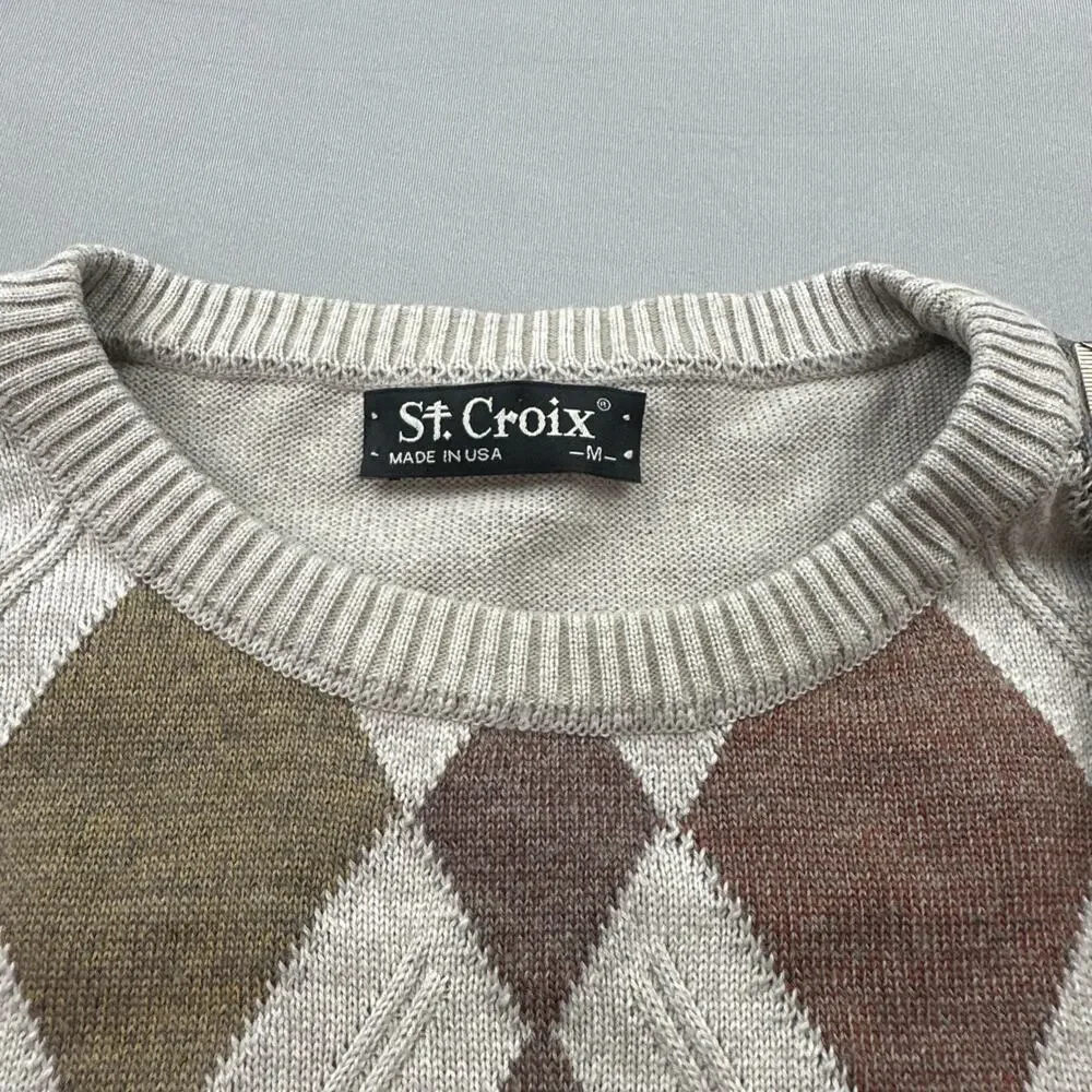 St Croix Sweater Mens Medium Brown Diamond Argyle Cottage Retro USA